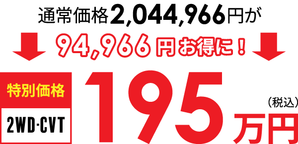 通常価格2,044,966円を94,966円お得に! 特別価格(2WD・CVT)195万円(税込)